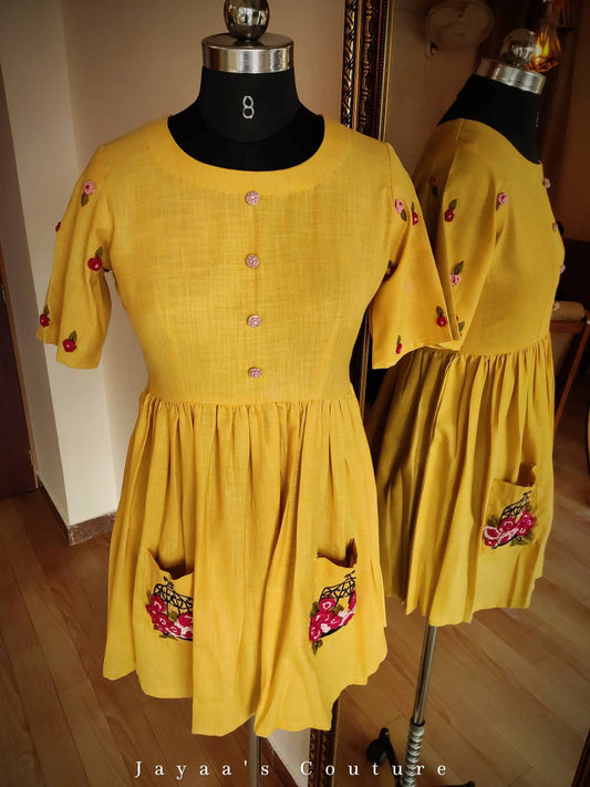 Mustard yellow pleated Embroidered tunic