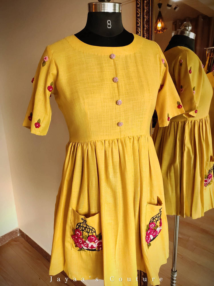 Mustard yellow pleated Embroidered tunic