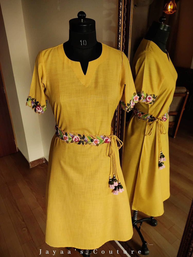 Mustard yellow embroidered tunic with belt
