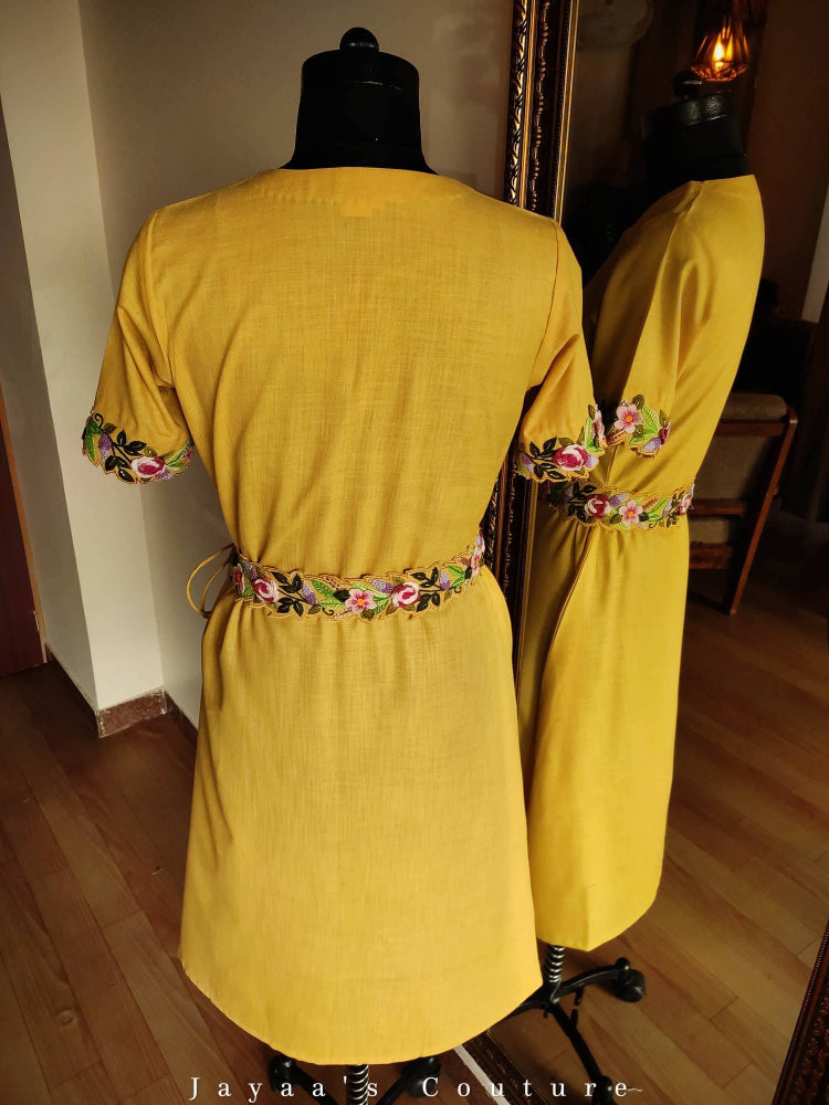 Mustard yellow embroidered tunic with belt