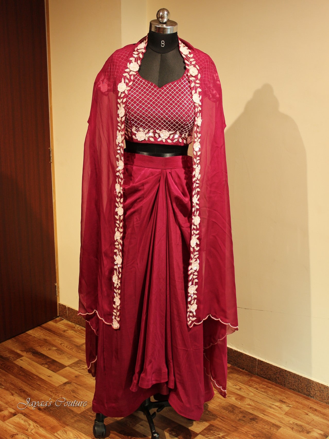Maroon Crop top with Drape skirt and Cape