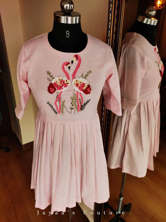 Baby pink hand embroidered pleated tunic