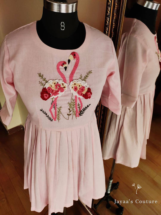 Baby pink hand embroidered pleated tunic