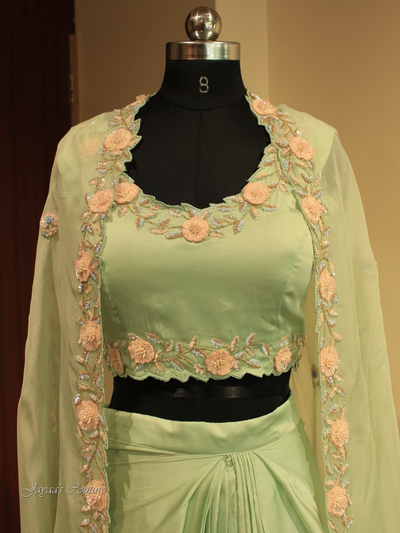 Green crop top with skirt and Cape