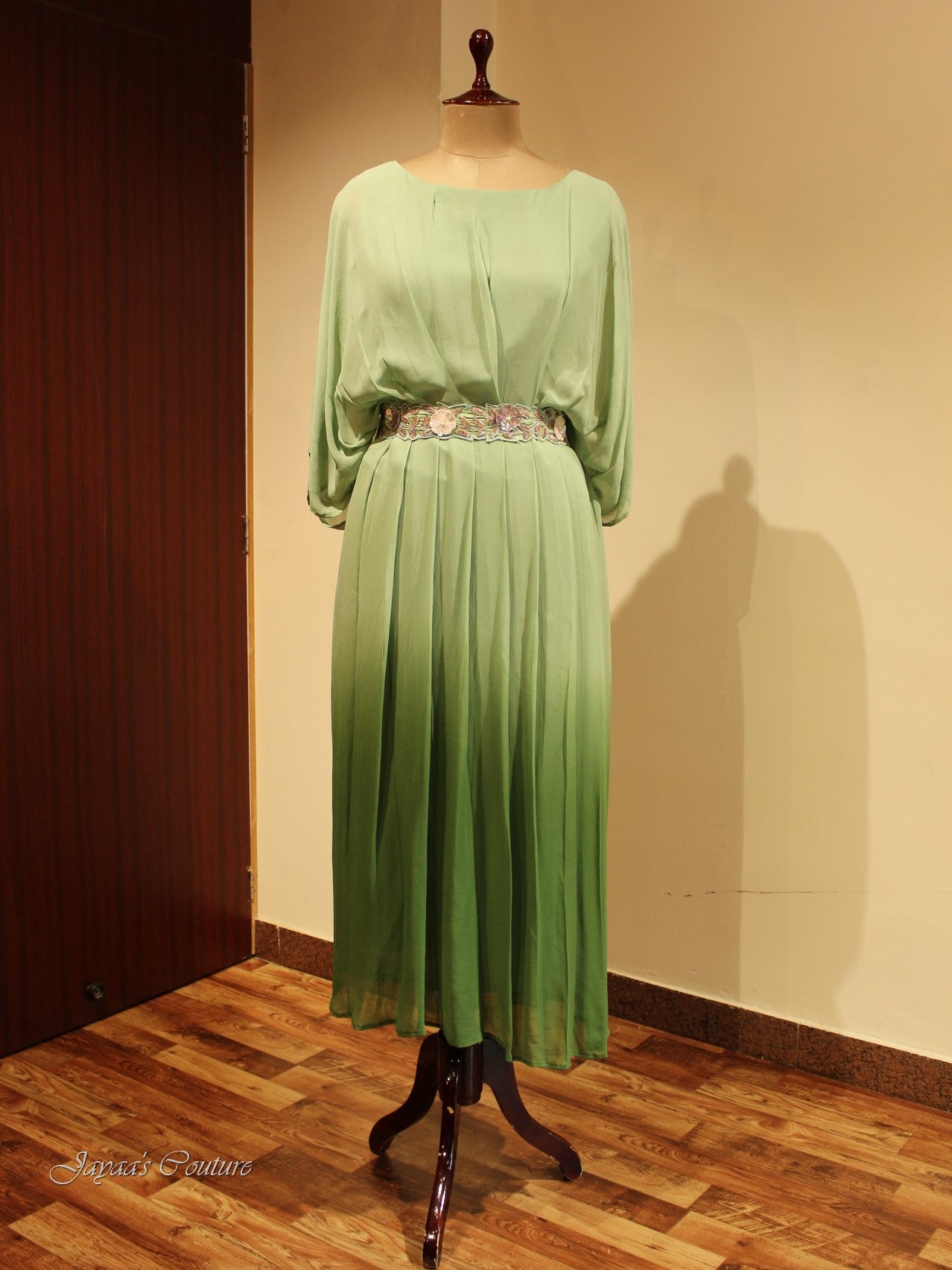 Green Shaded pleated Dress with belt