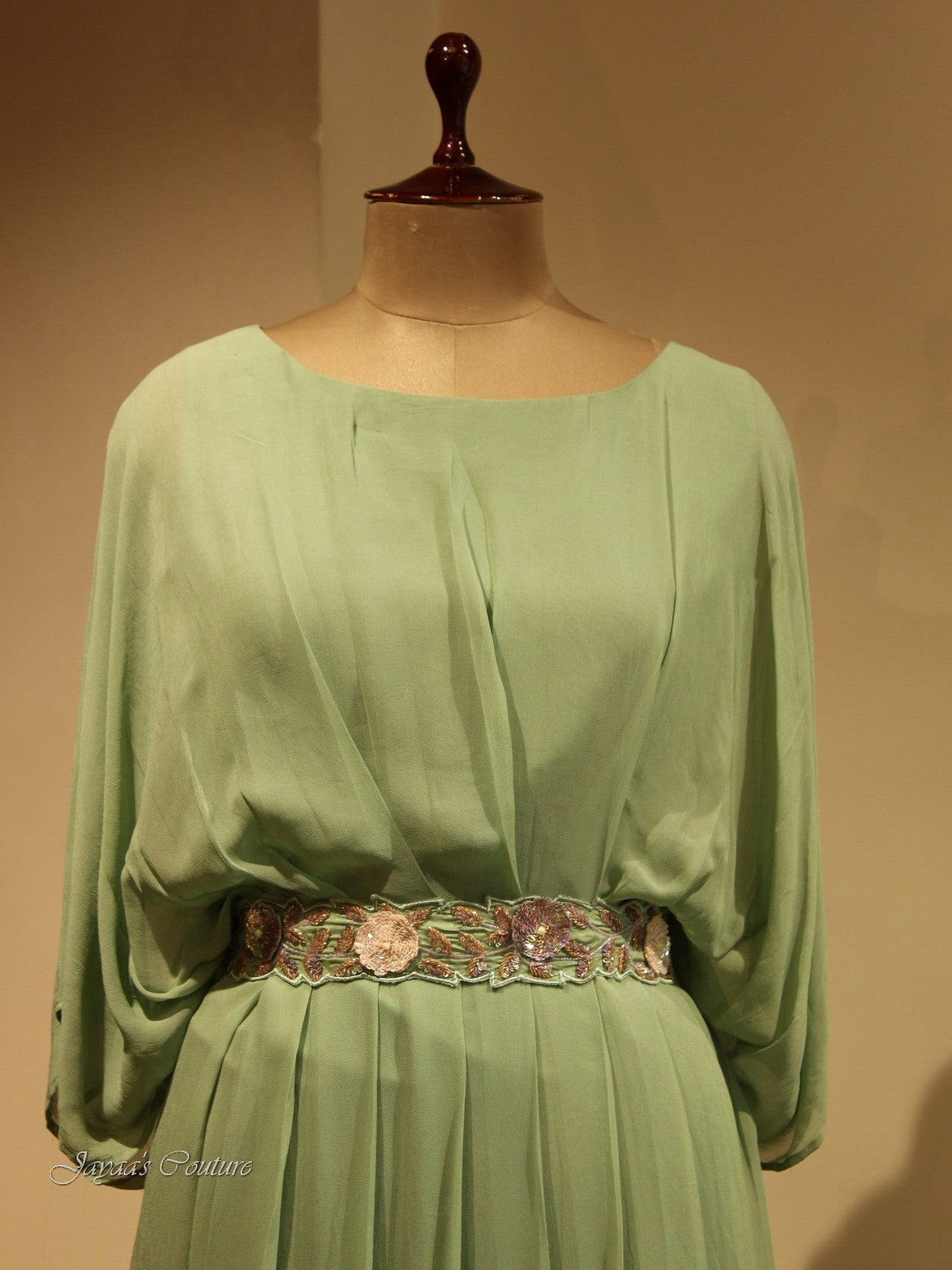 Green Shaded pleated Dress with belt