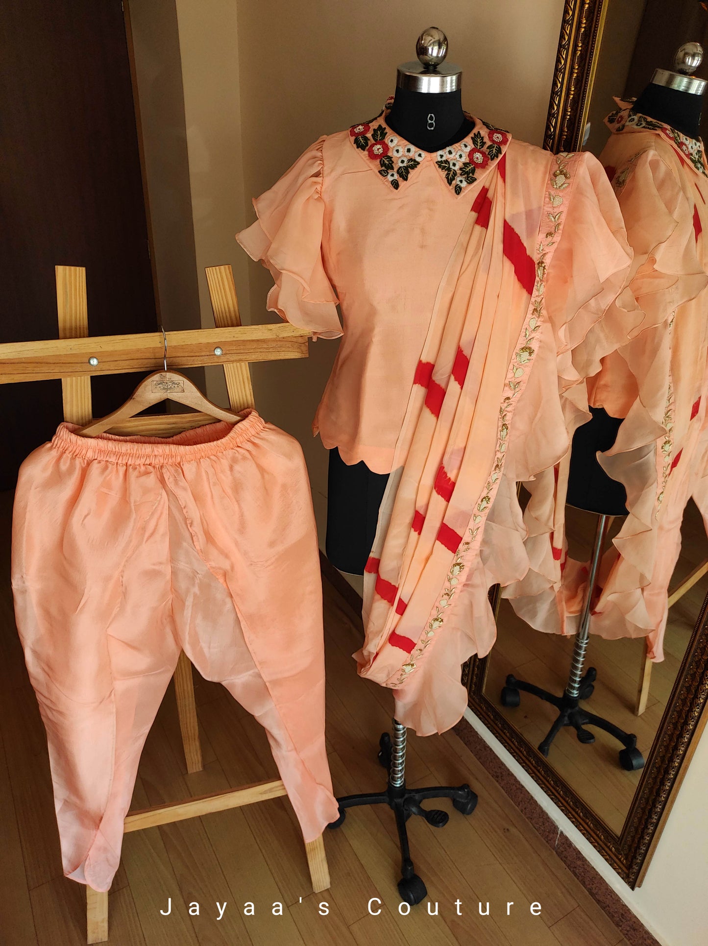 Peach top with dhoti pants and ruffled dupatta