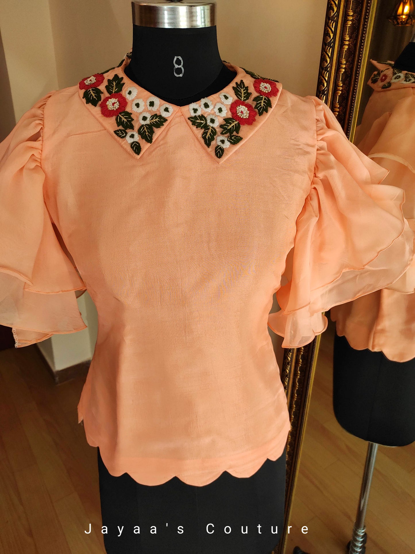 Peach top with dhoti pants and ruffled dupatta