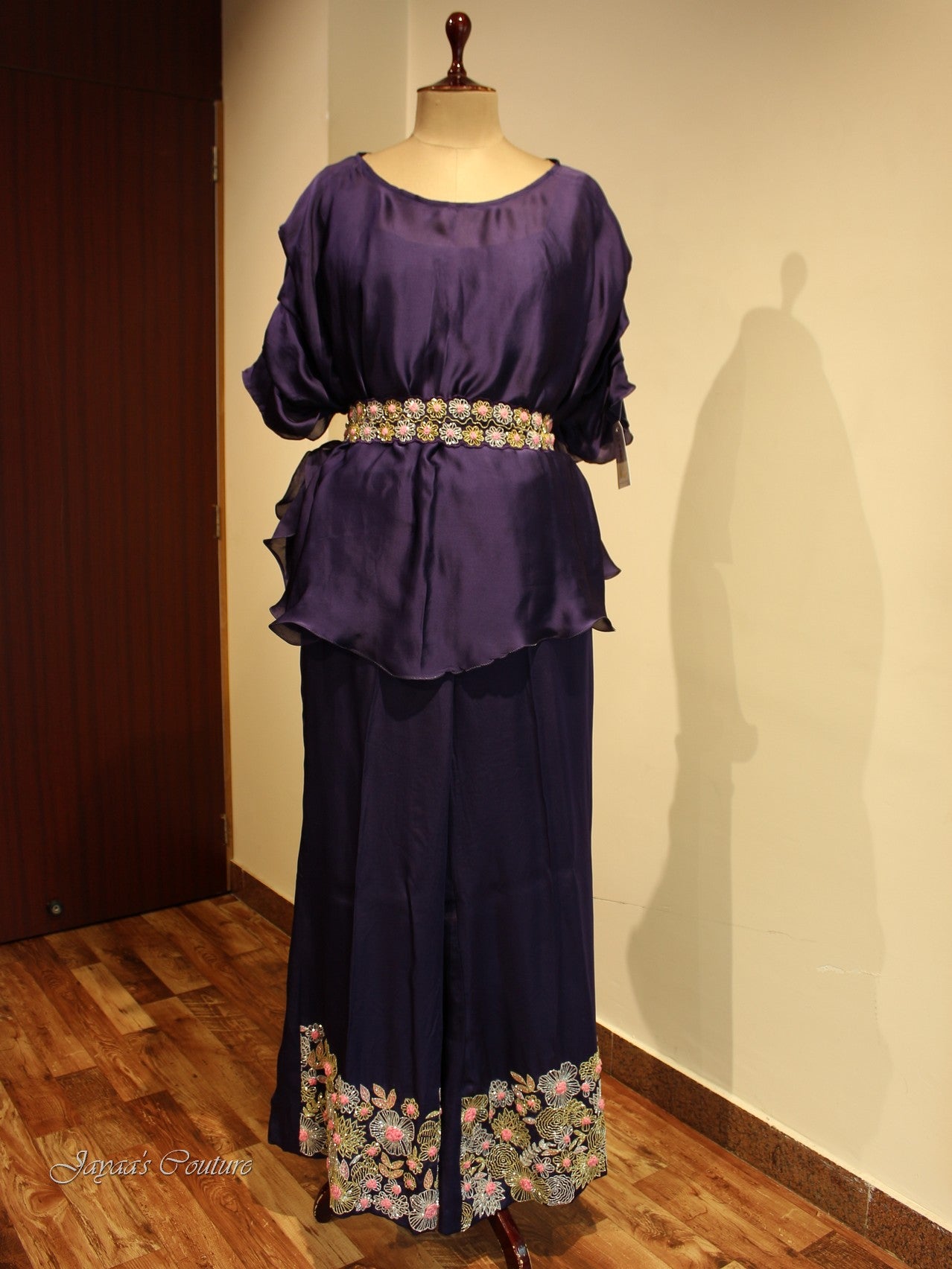 Dark purple Co ord set with flaired plazo and belt