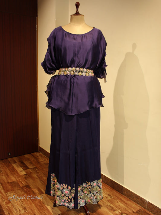 Dark purple Co ord set with flaired plazo and belt