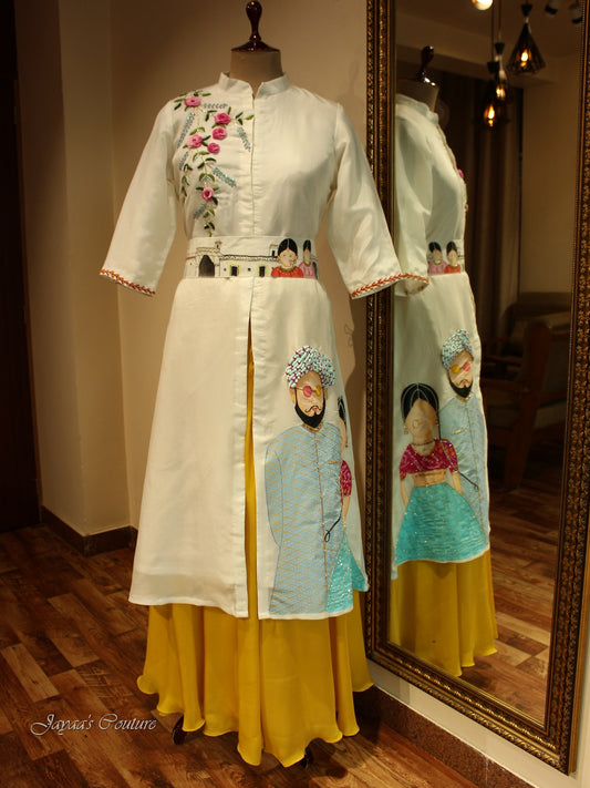 Off white kurta with yellow flared plazo