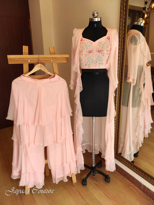 Blush pink plazo with crop top &shrug