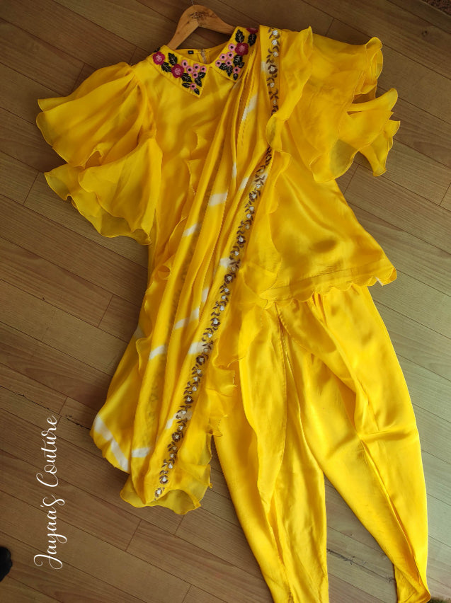 Yellow crop top with dhoti pants and drape dupatta