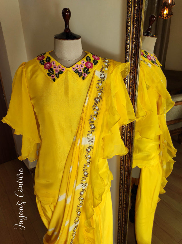 Yellow crop top with dhoti pants and drape dupatta