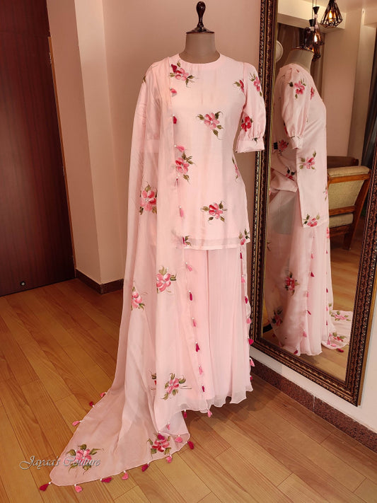 Blush pink hand painted kurta with flared palzo & dupatta