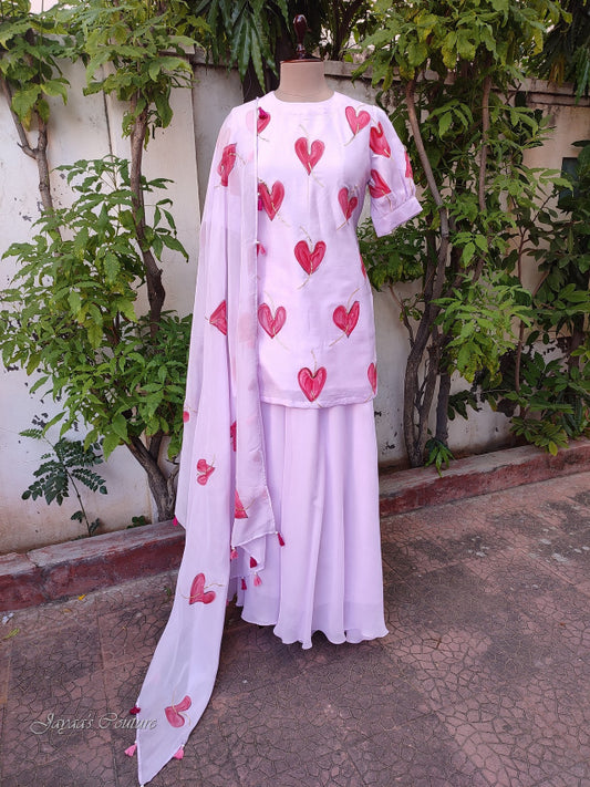 Lavender hand painted short kurta with flared plazo & dupatta