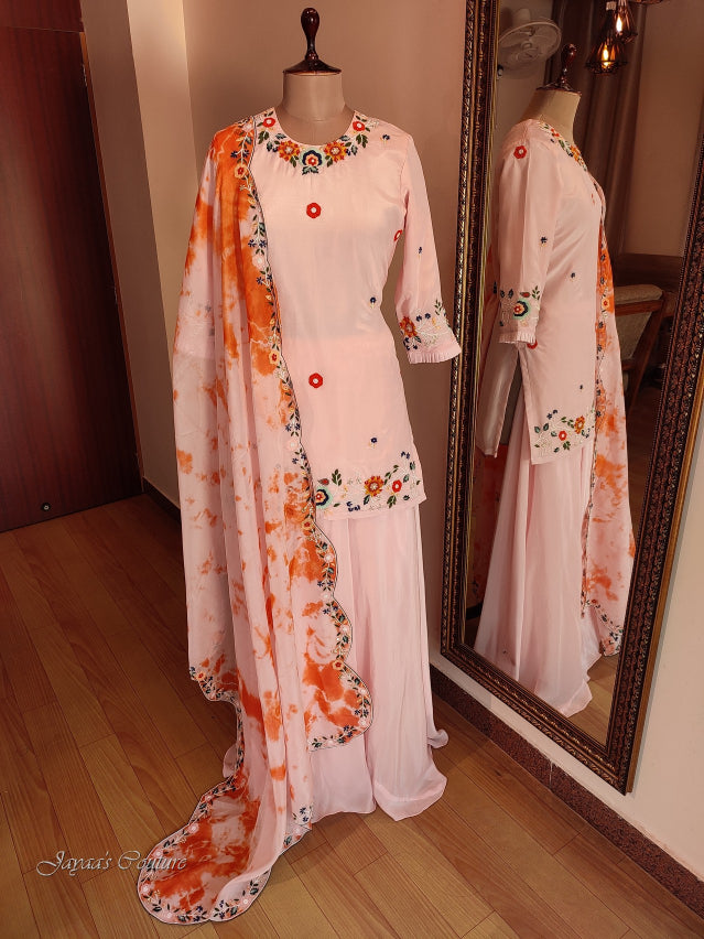 Peach short kurta with flared plazo & dupatta