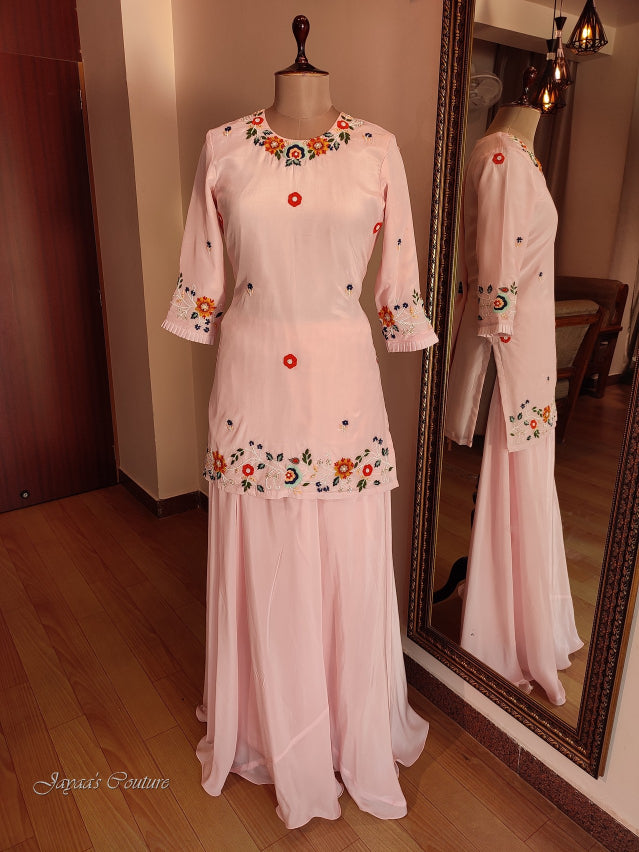 Peach short kurta with flared plazo & dupatta