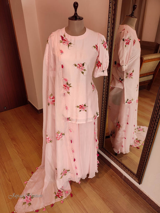 Blush pink hand painted kurta with flared plazo & dupatta