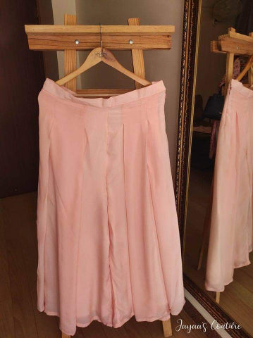 Blush pink crop top with dusty green cape with box pleated plazo