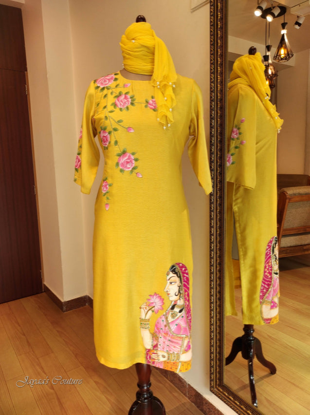 Yellow hand painted kurta pant with dupatta