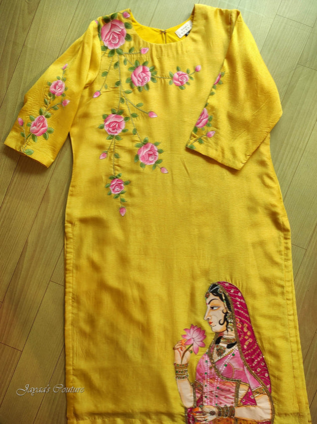 Yellow hand painted kurta pant with dupatta