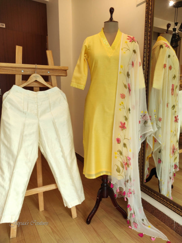 Yellow kurta pant & hand painted dupatta