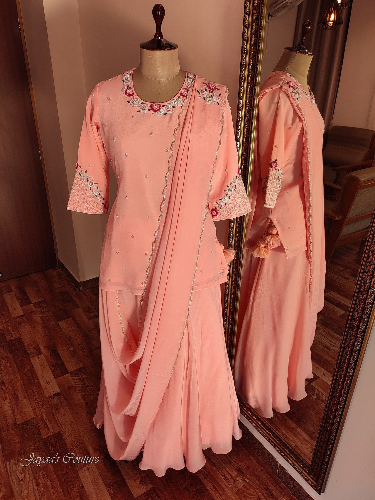 Peach kurta with skirt and drape dupatta