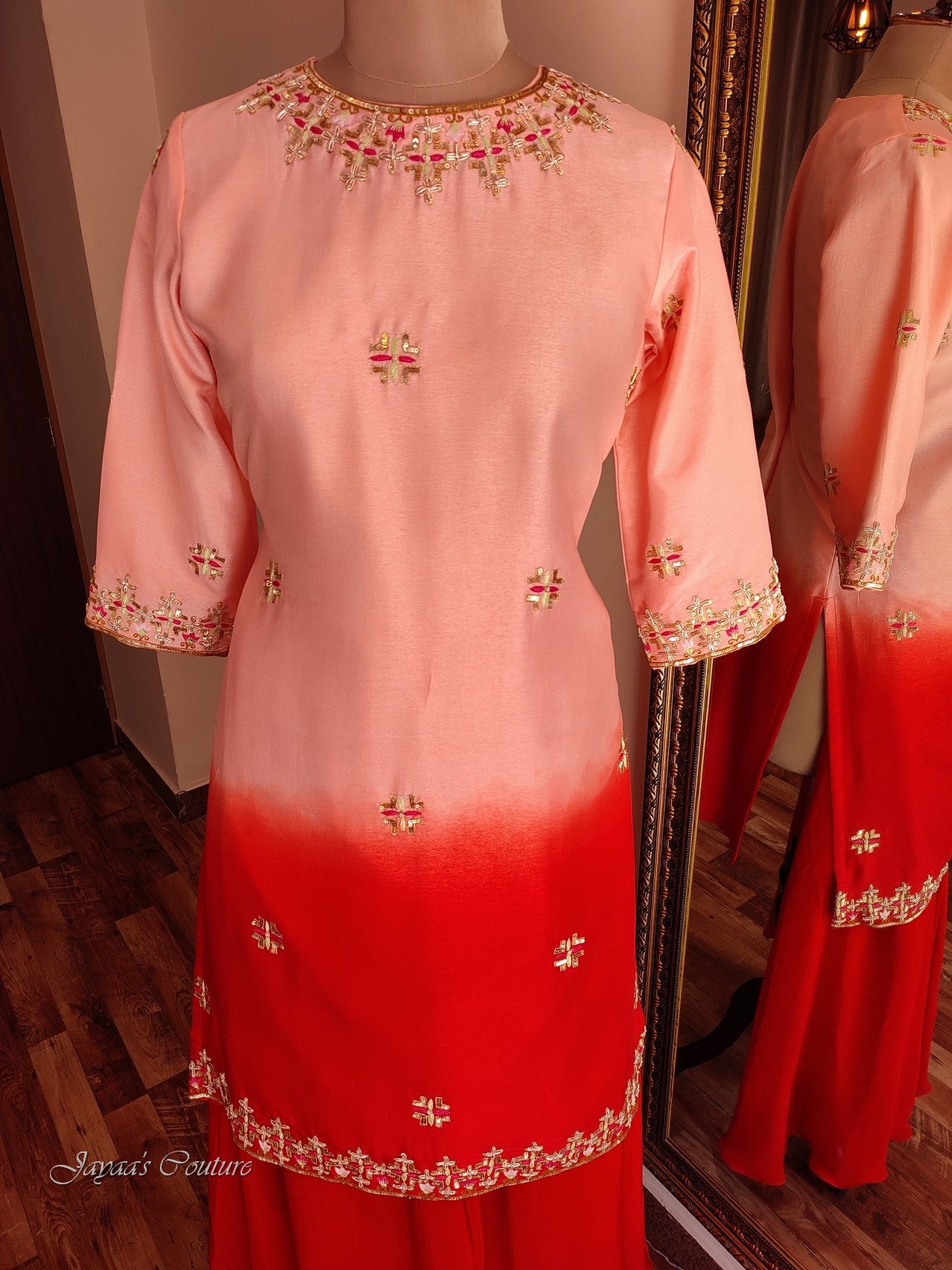 peachish Red shaded kurta with flared palazzo and dupatta