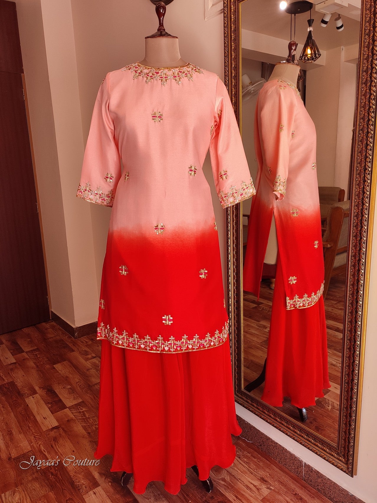 peachish Red shaded kurta with flared palazzo and dupatta