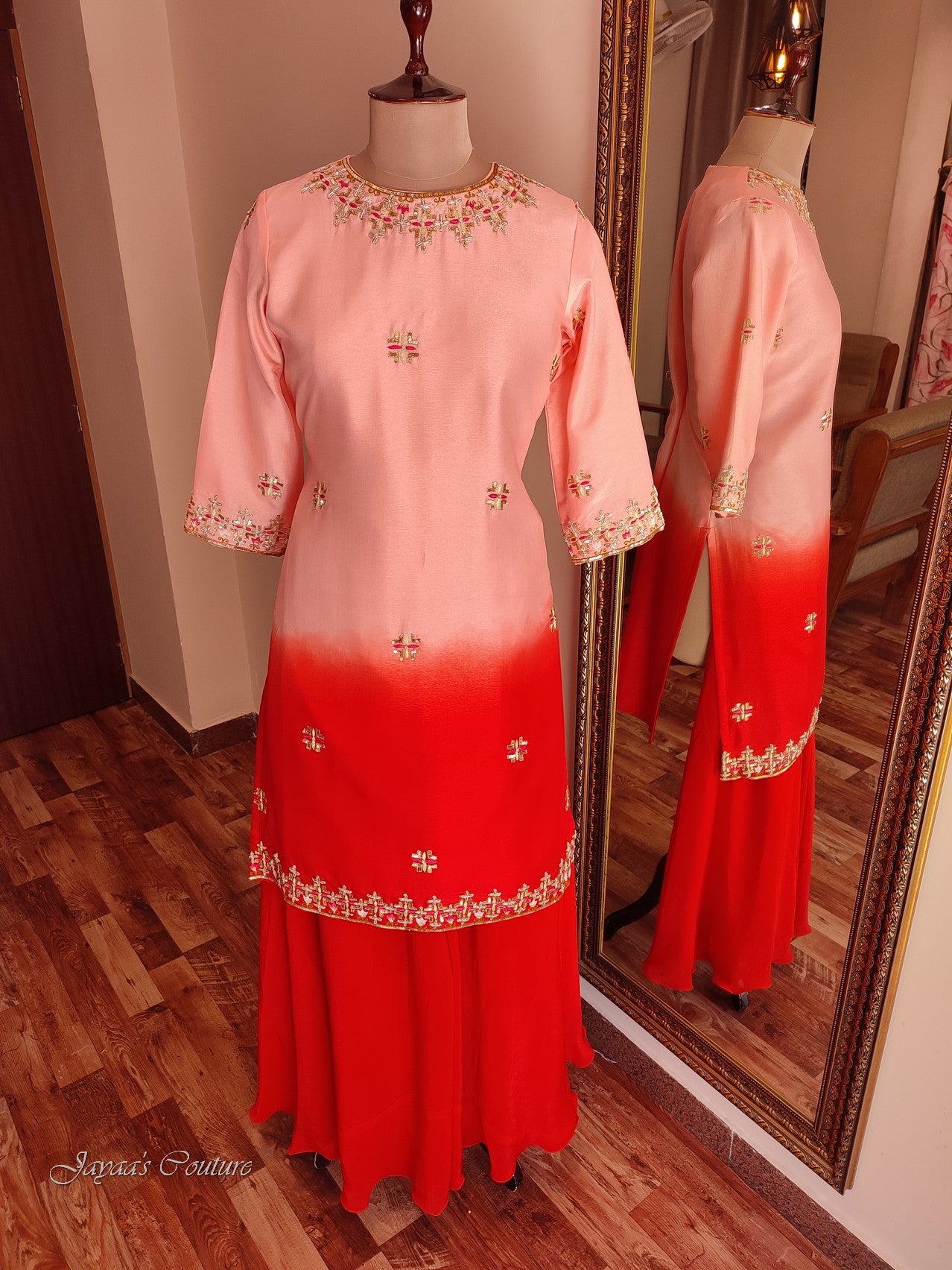 peachish Red shaded kurta with flared palazzo and dupatta