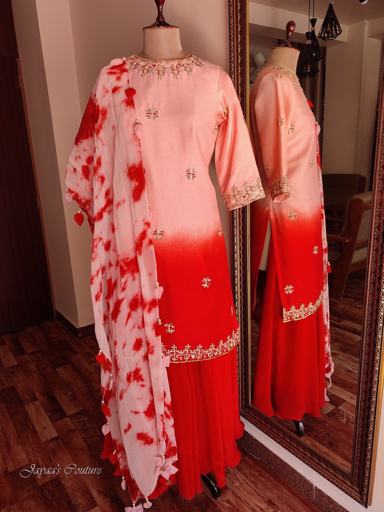 peachish Red shaded kurta with flared palazzo and dupatta