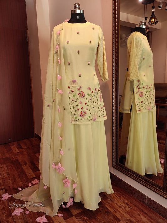 Pastel pista green kurta with skirt and dupatta