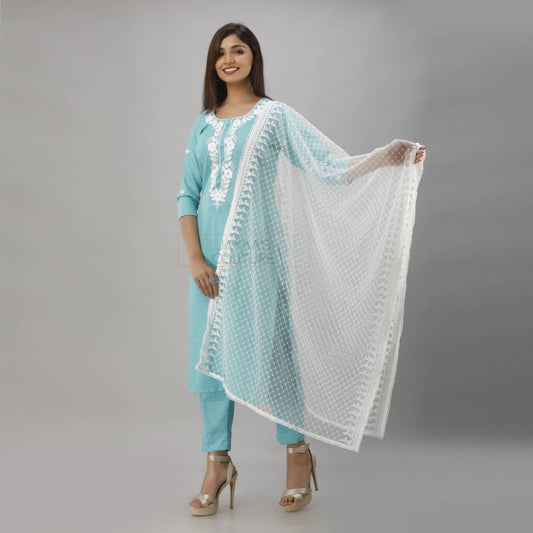 Linen cotton sea blue kurta pants dupatta