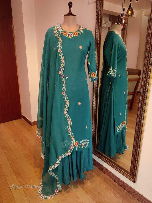 Bottle green short kurta with flared plazo & dupatta