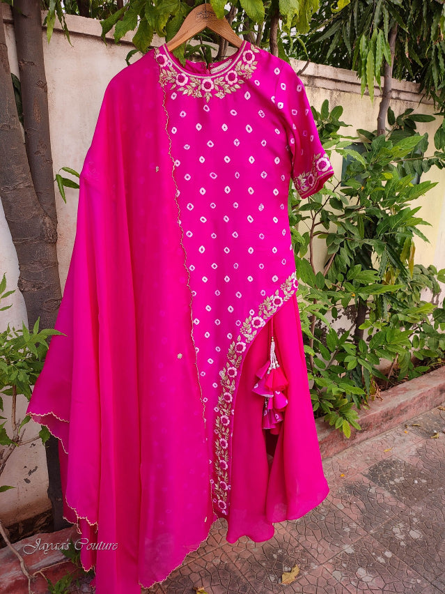 Rani Bandhani Kurta With Skirt & Dupatta