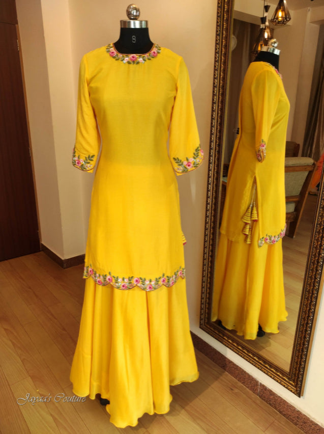Yellow kurta with skirt & hand painted dupatta