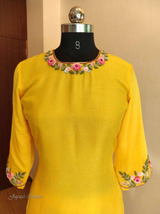 Yellow kurta with skirt & hand painted dupatta