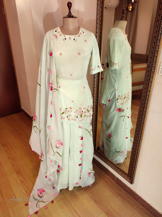 Pastel pista green kurta with flared plazo & dupatta