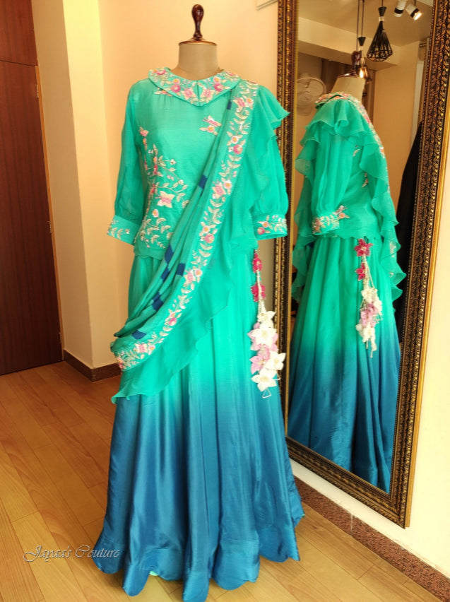 Greenish blue ombre skirt with top & drape dupatta