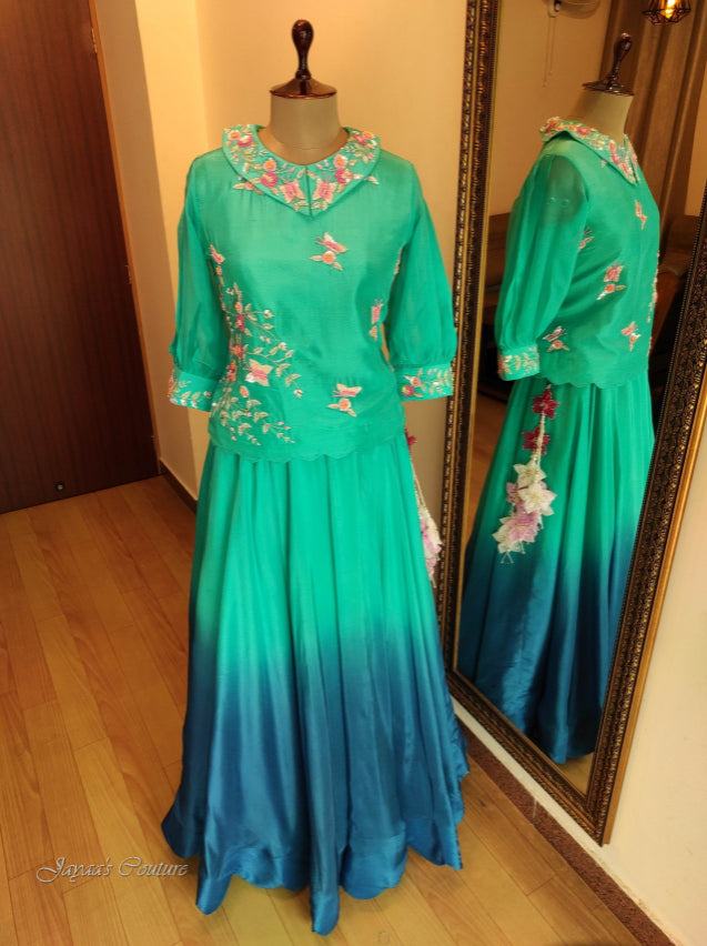 Greenish blue ombre skirt with top & drape dupatta