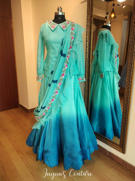 Ombre Aqua colour skirt with top and drape dupatta