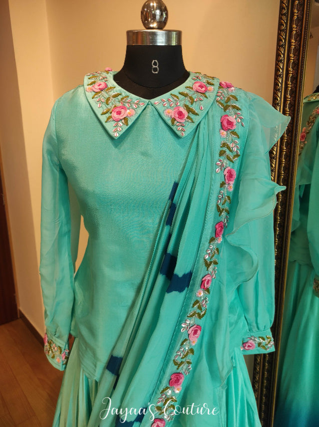 Ombre Aqua colour skirt with top and drape dupatta