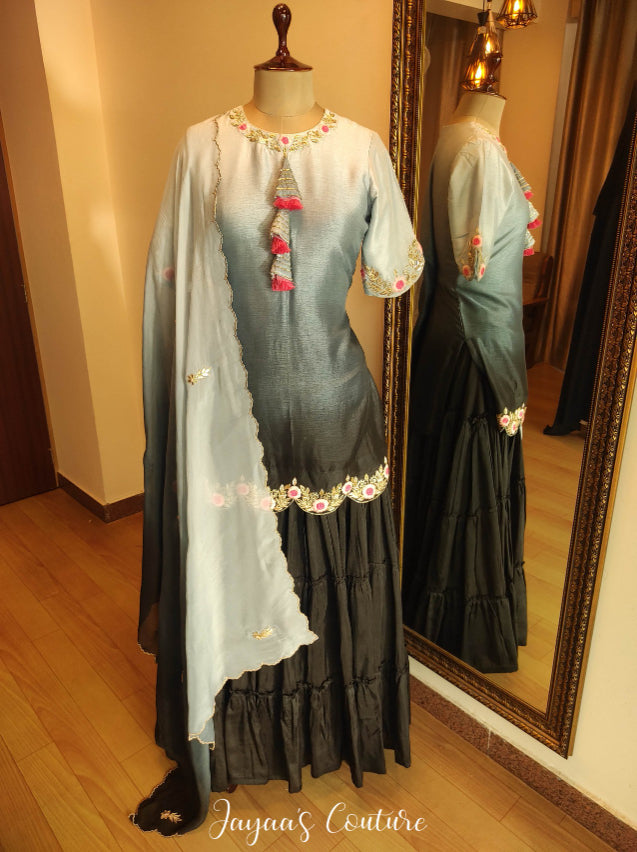 Grey to black ombre kurta with tier skirt and dupatta