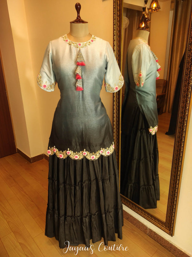 Grey to black ombre kurta with tier skirt and dupatta