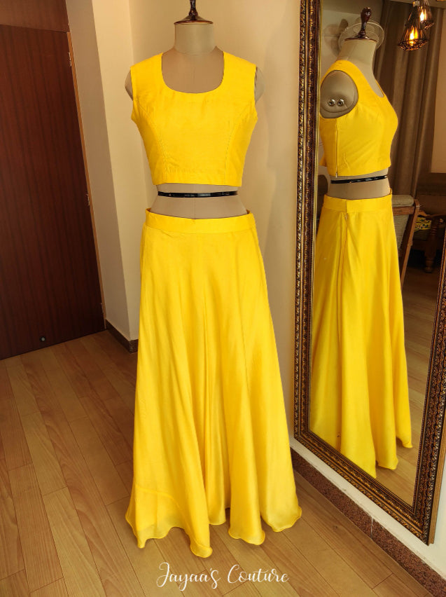 Yellow crop top skirt with jacket