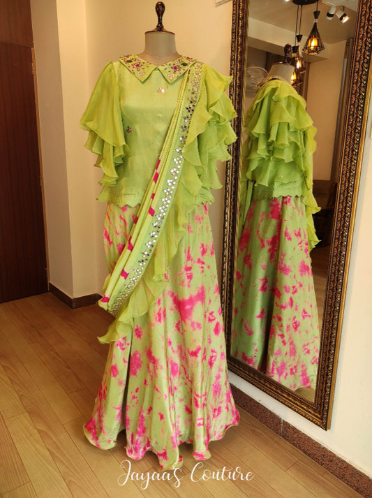 Parrot green tie and dye skirt with top and drape dupatta