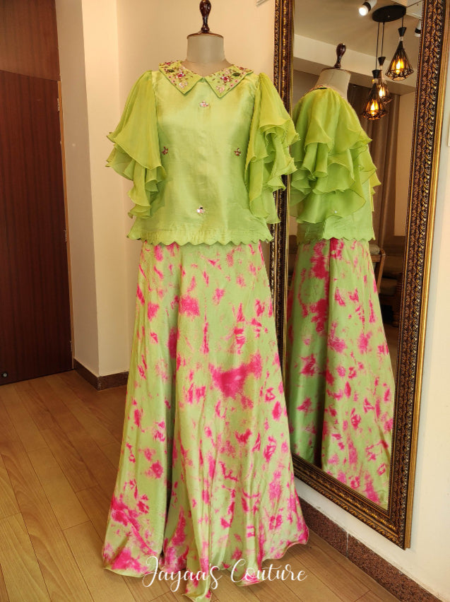 Parrot green tie and dye skirt with top and drape dupatta