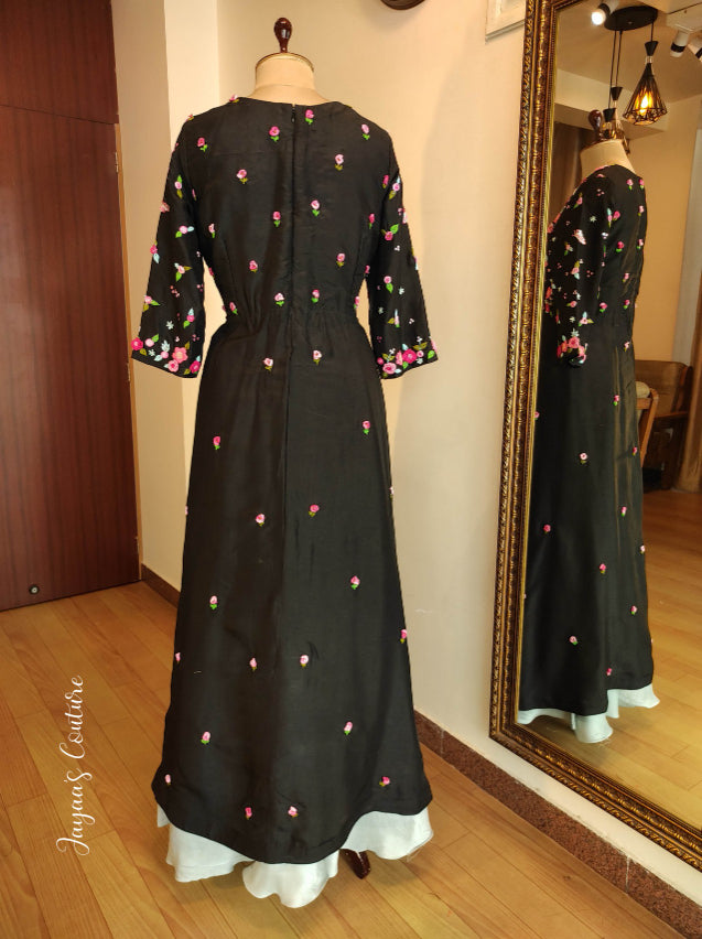 Black thread work pleated top with skirt and dupatta
