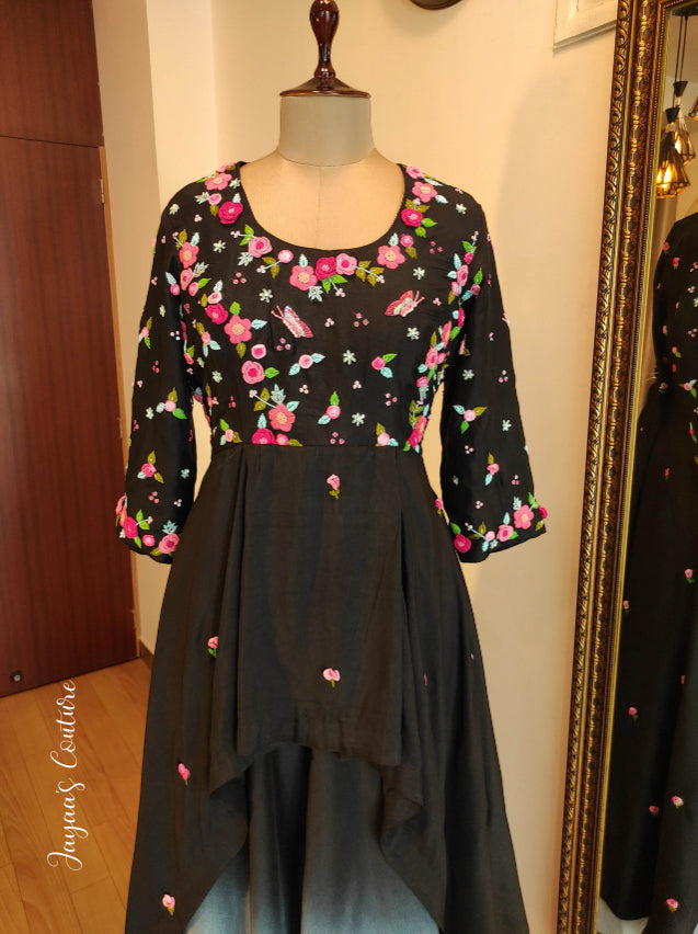 Black thread work pleated top with skirt and dupatta